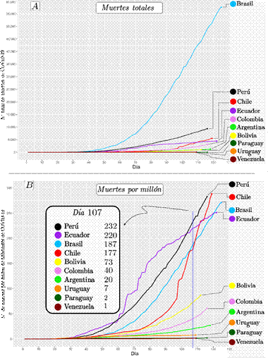 Grafícas a escala lineal (A) Número
total de personas fallecidas vs días de contagio. (B) Número de personas
fallecidas por millón de habitantes vs días de contagio. Corte en el día 107 donde se
desglosa la cantidad de muertes para cada país en ese día.

 